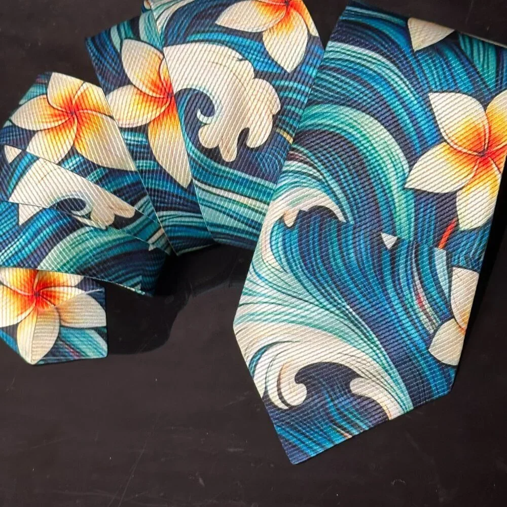 Hawaiian Floral Menswear Necktie Aloha Neckwear Resort Gift Tropical Blue Tie